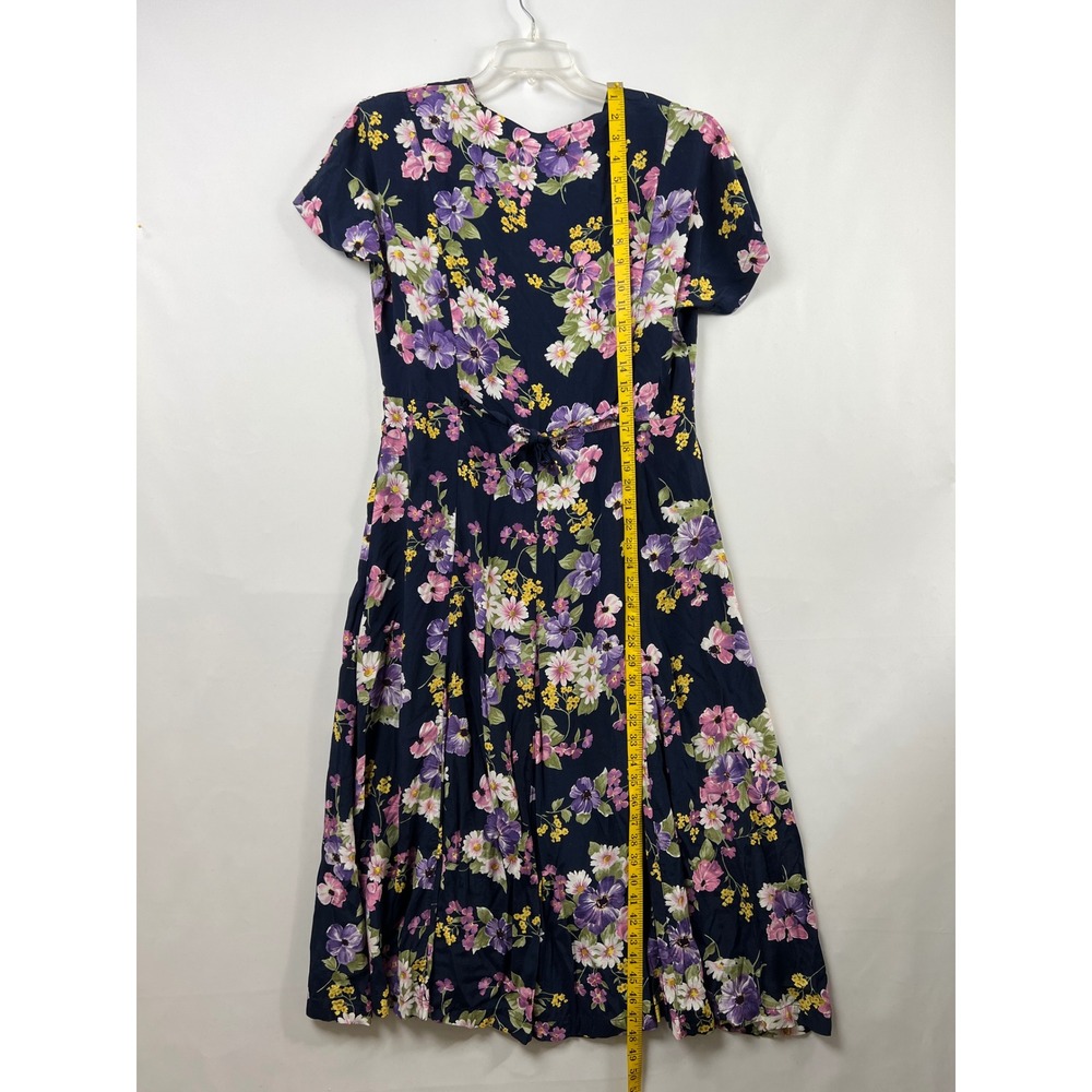 Vintage Erika Floral Midi Dress Womens Large Navy Blue V-Neck Short Sleeve - Picture 5 of 13